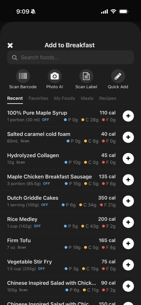 Repast add food screen with search, barcode, photo and label options