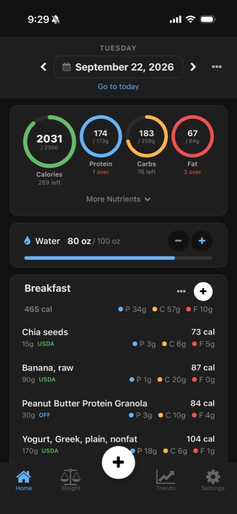 Repast home screen showing daily calorie and macro rings