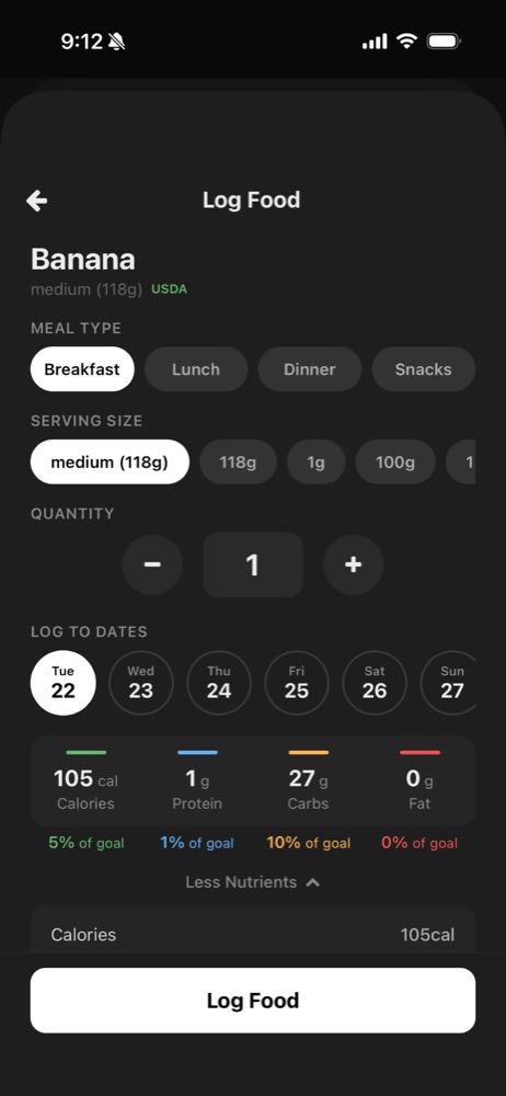 Log food screen with serving size and date selection